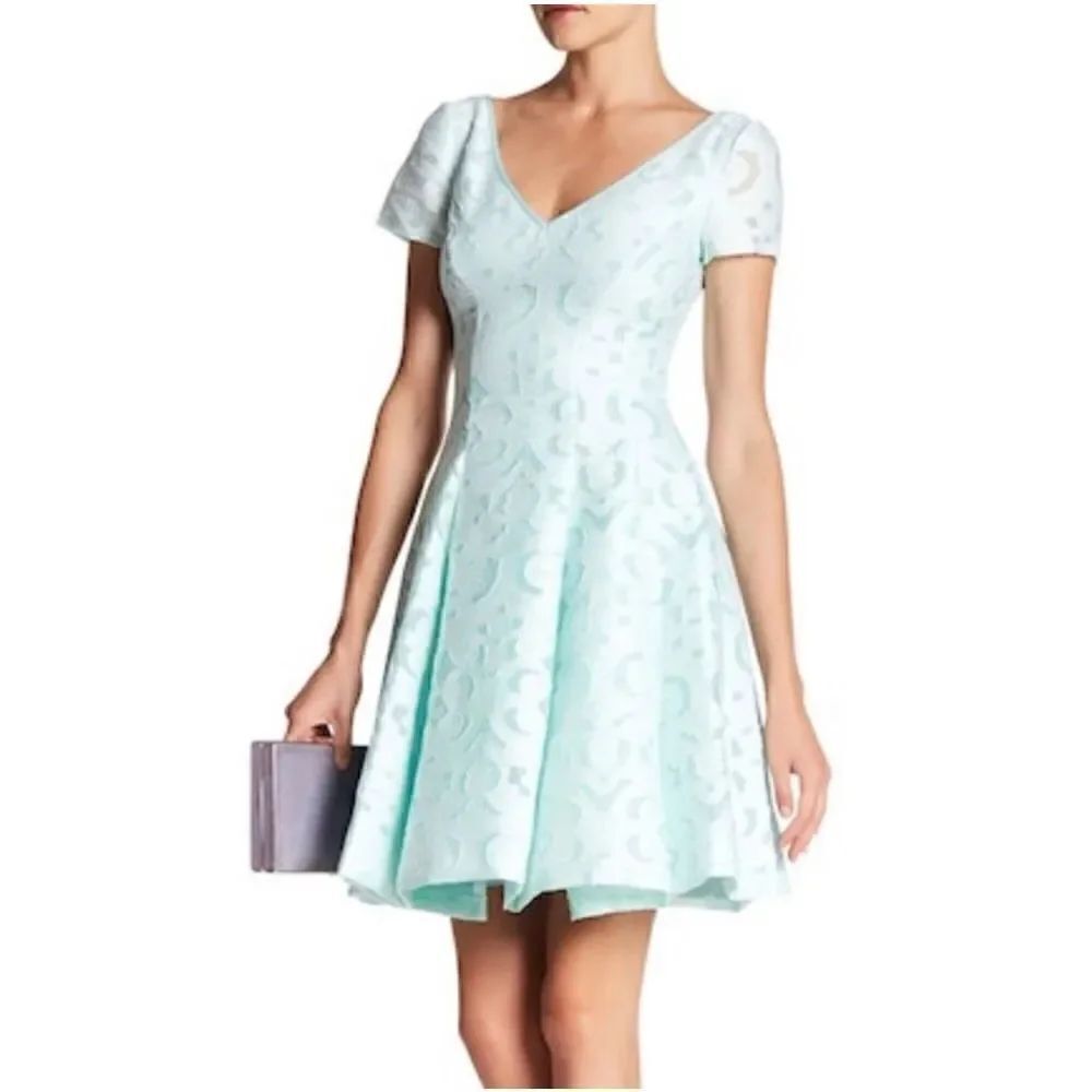 NUE by Shani NEW mint white lace fit and flare short sleeved skater dress v neck